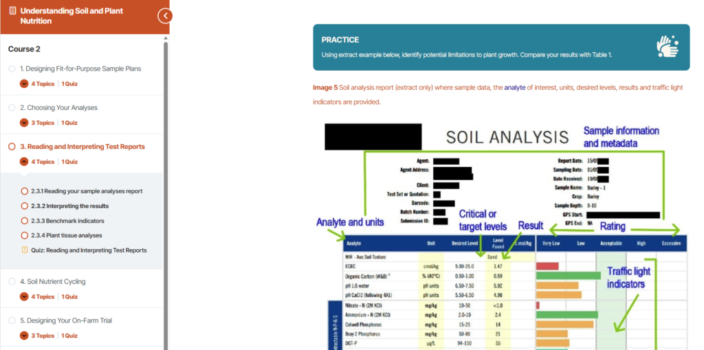 Sample content from the Reading and Interpreting Test Reports lesson of Soil Quality Courses.
