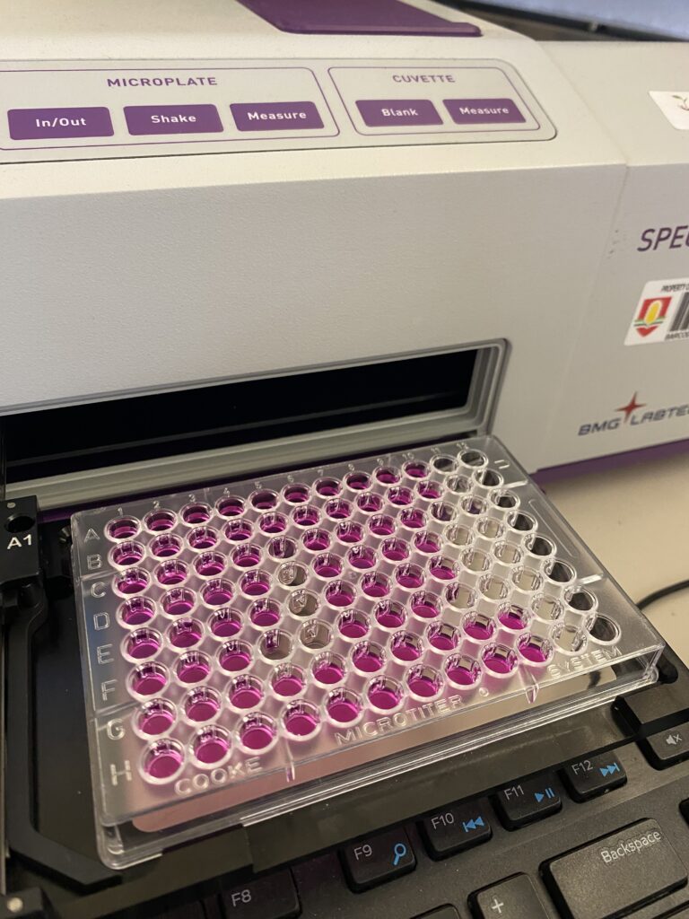 A spectrophotometer holding potassium permanganate solution