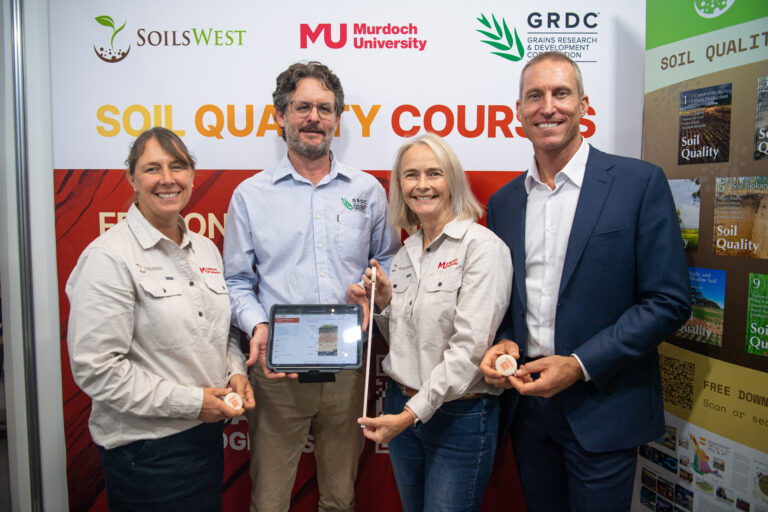 (from left): Tamara O'Keeffe, Project Lead, SoilsWest, Luke Dawson, Grower Relations Manager - West, Grains Research and Development Corporation, Fran Hoyle, Director, SoilsWest and Peter Bird, Senior Regional Manager - West, Grains Research and Development Corporation launch Soil Quality Courses at the Grains Research Updates - Perth. Credit: Lumens Photography/GRDC.