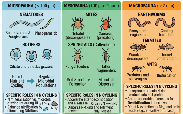 Infographic showing soil fauna and their roles in nitrogen cycling
