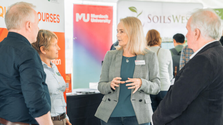 SoilsWest Director Associate Professor Fran Hoyle speaks with GRDC Managing Director Nigel Hart, GRDC Chair Sharon Starick and Murdoch University Pro Vice Chancellor Food Futures Institute Professor Peter Davies.