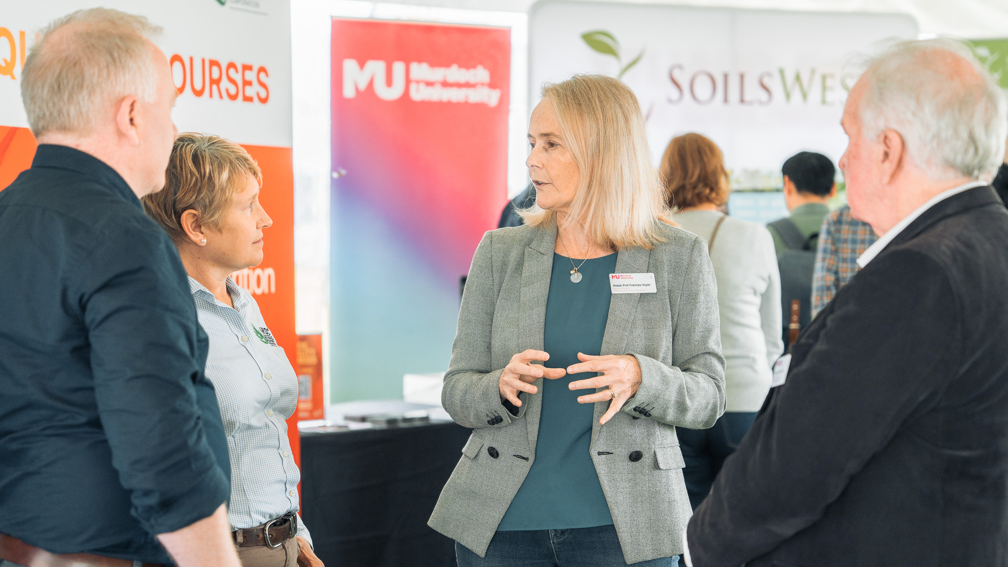 SoilsWest Director Associate Professor Fran Hoyle speaks with GRDC Managing Director Nigel Hart, GRDC Chair Sharon Starick and Murdoch University Pro Vice Chancellor Food Futures Institute Professor Peter Davies.