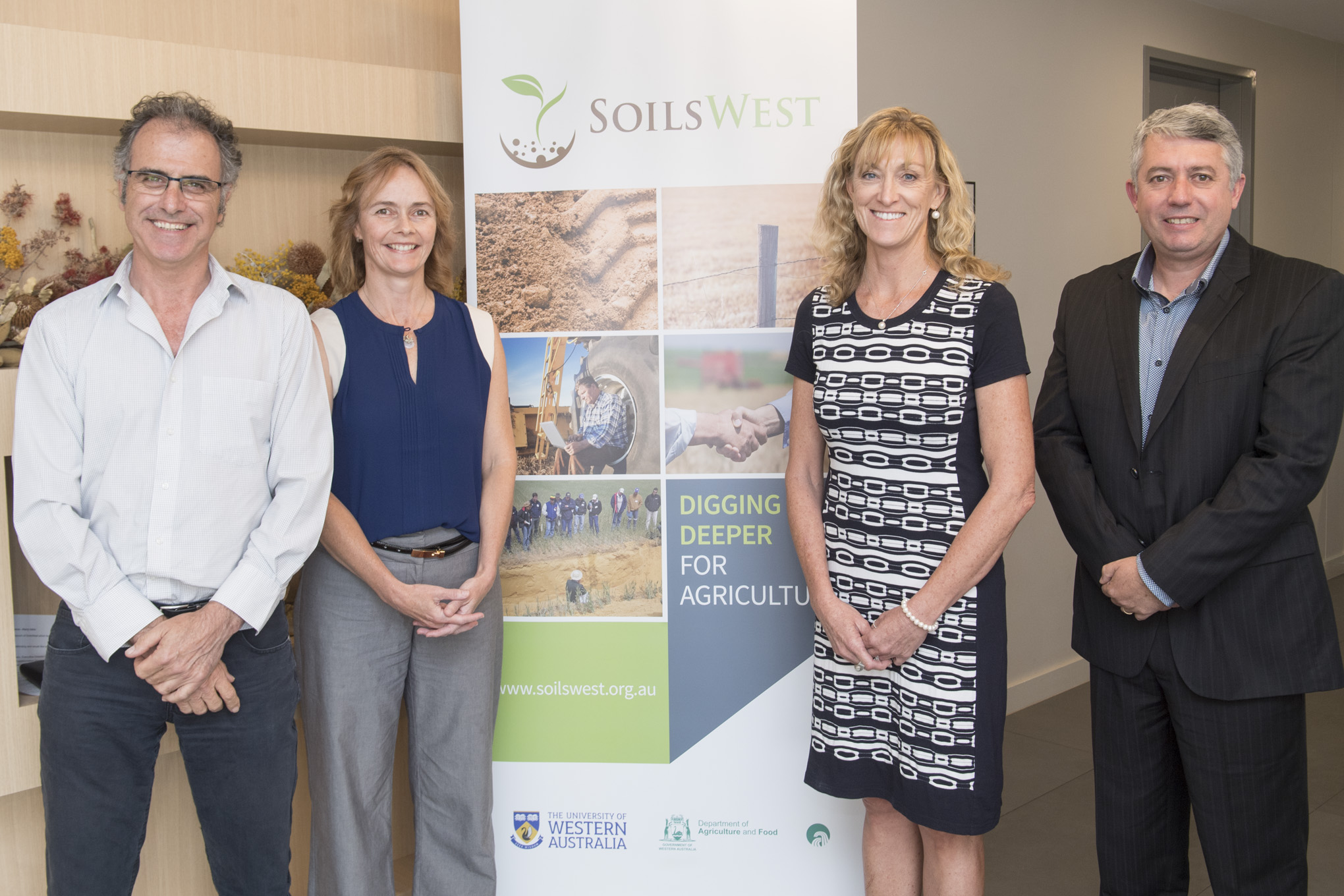 Then-DAFWA Director General Mark Sweetingham, Fran Hoyle, then-DAFWA Director of Grains Kerry Regan, and Daniel Murphy at the launch of SoilsWest.